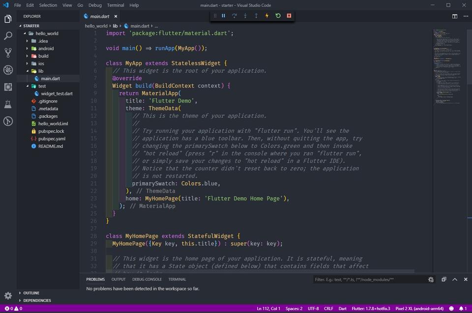 Visual Studio Code display a basic flutter app with enabled flutter extensions